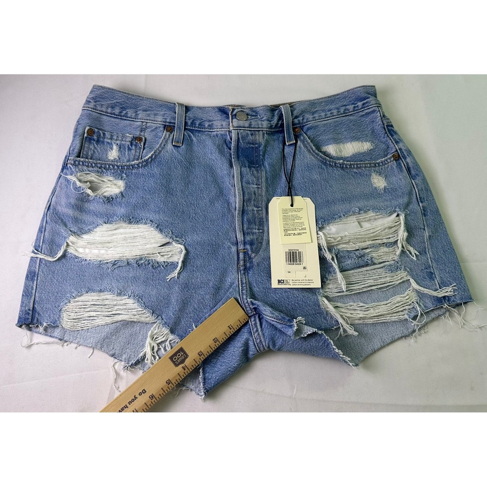 NWT Levi's Premium 501 Shorts Sz 34 Distressed Light Wash High Rise Denim Cutoff - Picture 15 of 16